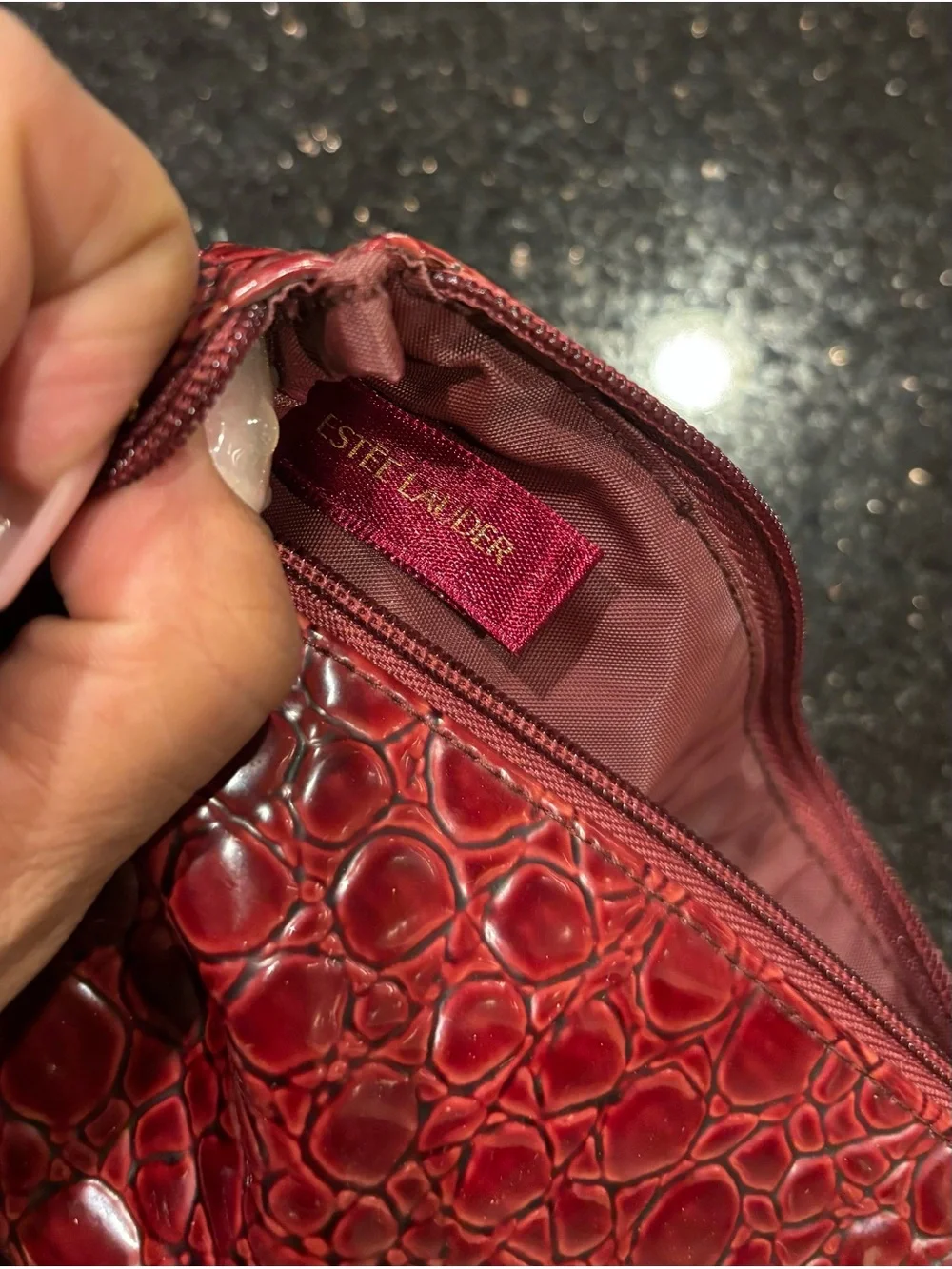 Estee Lauder Croc-Embossed Zip Card Holder - Burgundy Red